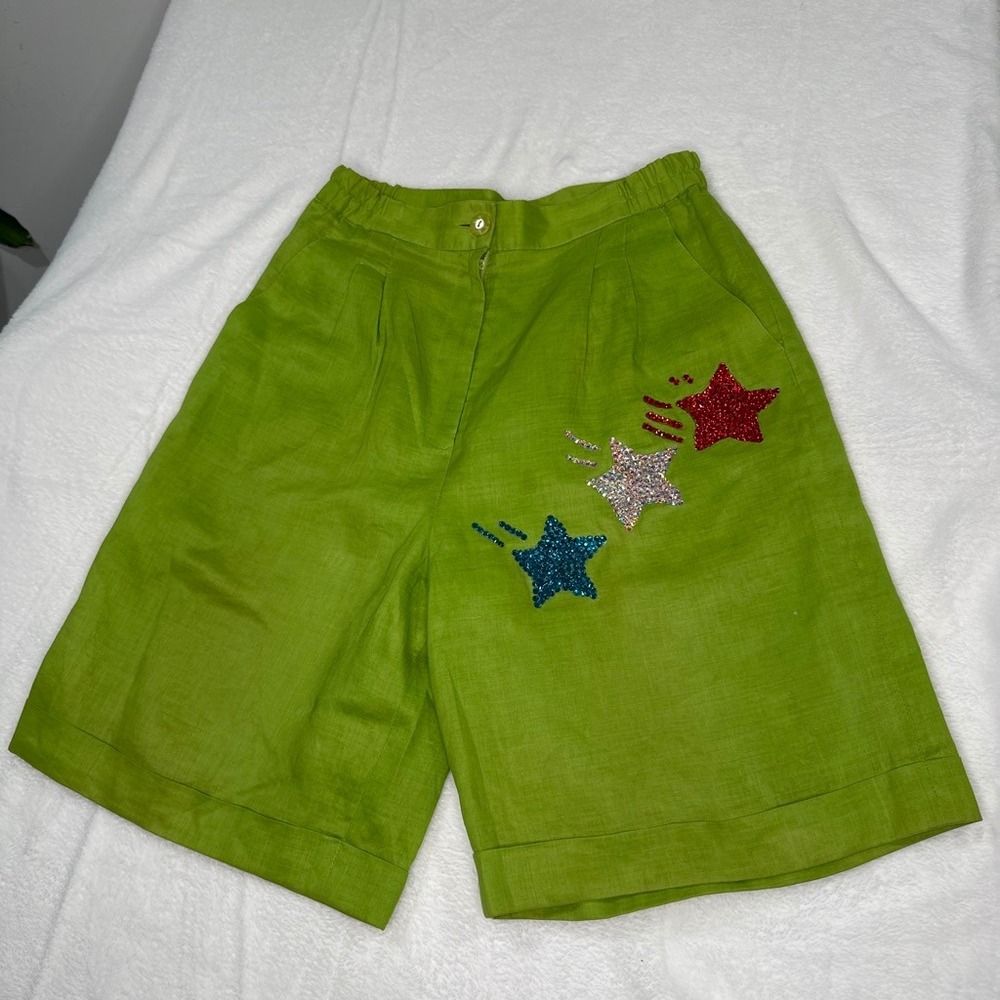 Upcycled Vintage Green Rhinestone Bling Sequin July 4 Star Shorts High Waist 8